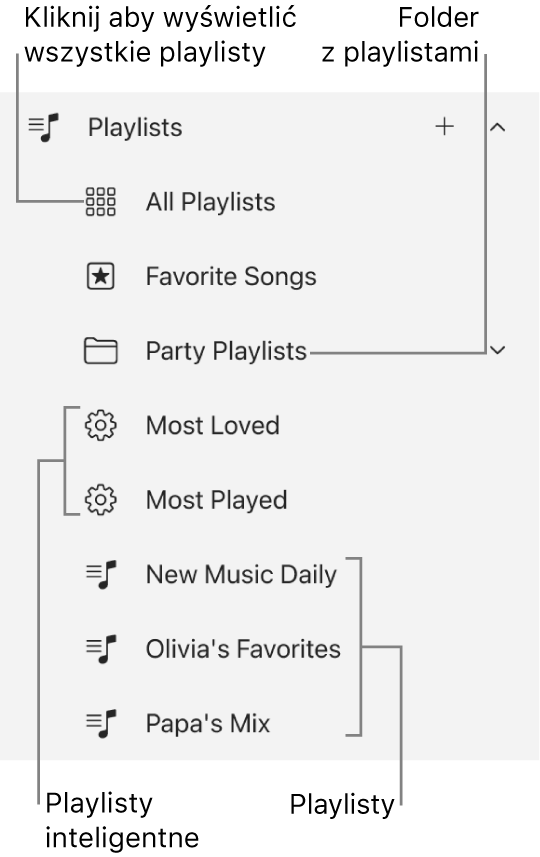 Pasek boczny aplikacji Apple Music z różnymi typami playlist. Aby wyświetlić wszystkie playlisty, wybierz przycisk Wszystkie playlisty. Możesz także utworzyć folder playlist.