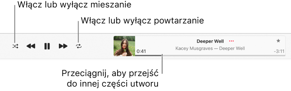 Okno odtwarzania oraz odtwarzany utwór. Przycisk mieszania znajduje się w lewym górnym rogu; przycisk powtarzania znajduje po lewej stronie grafiki albumu. Pasek odtwarzania znajduje się pod nazwą utworu, po prawej stronie okna.