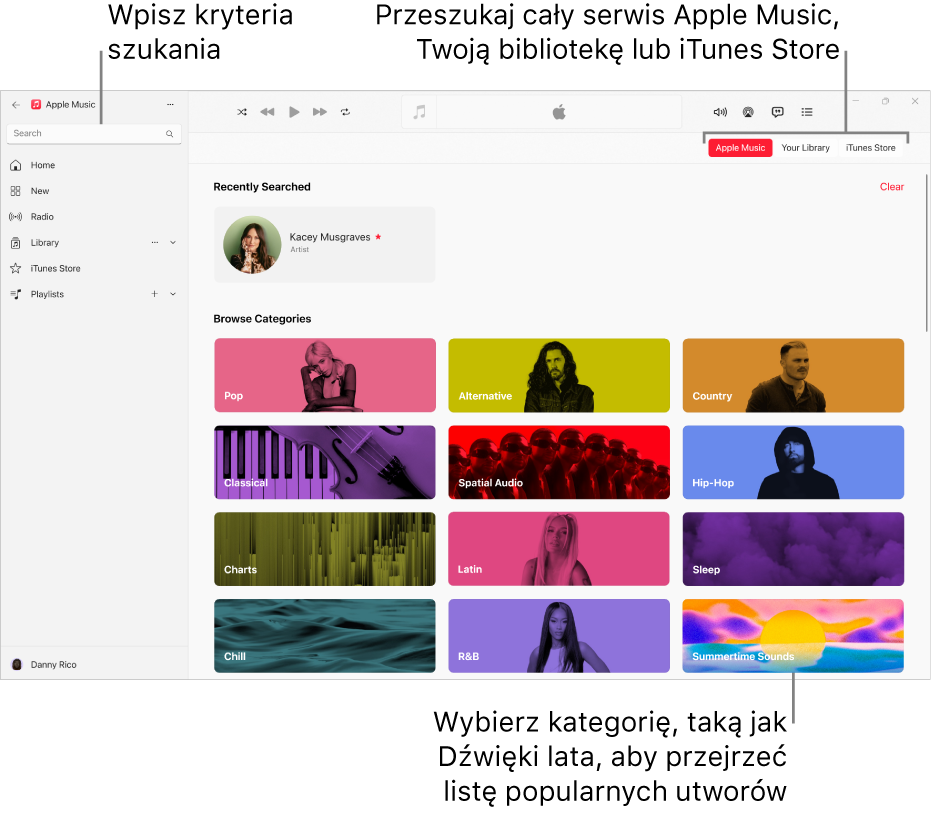 Okno Apple Music z polem wyszukiwania w lewym górnym rogu. Na środku okna widoczna jest lista kategorii. W prawym górnym rogu widoczne są przełączniki umożliwiające szukanie w Apple Music, w Twojej bibliotece lub w iTunes Store.