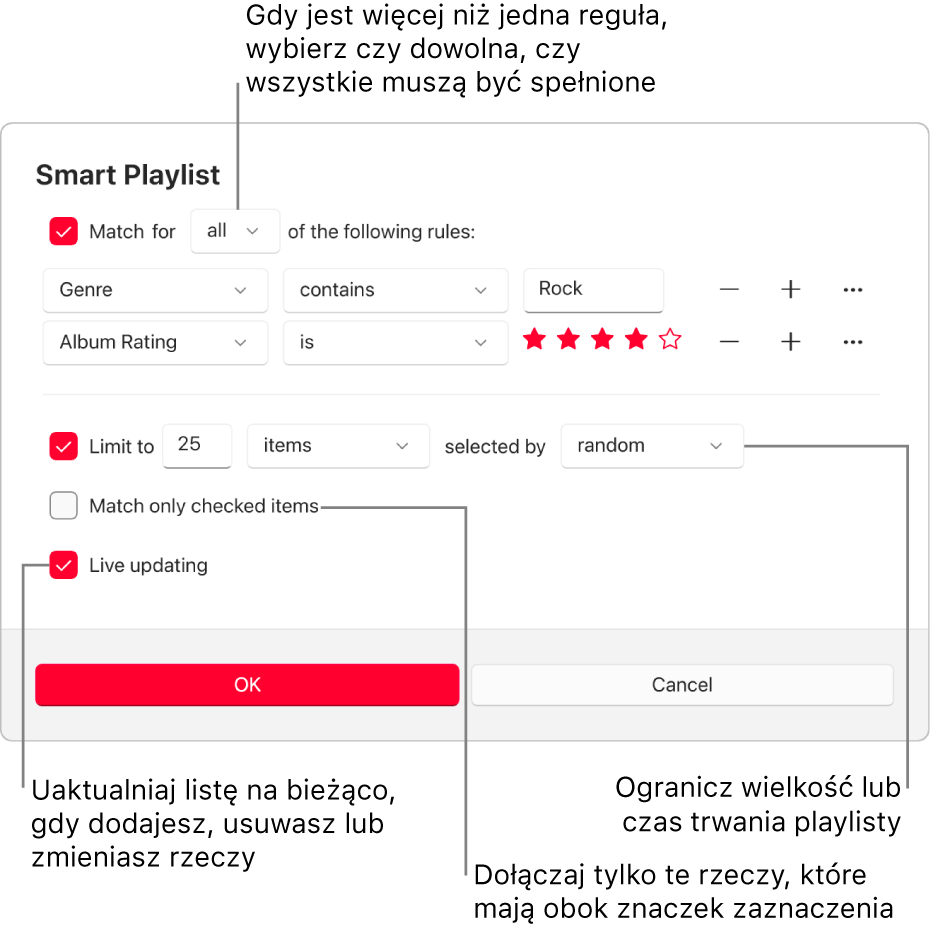 Okno dialogowe playlisty inteligentnej: W lewym górnym rogu zaznacz Dopasuj, a następnie określ kryteria tworzenia playlisty (na przykład gatunek lub ocena). Kontynuuj dodawanie lub usuwanie reguł, wybierając przycisk dodawania lub usuwania po prawej stronie. Zaznacz różne opcje w dolnej części okna dialogowego, takie jak ograniczenie wielkości lub czasu odtwarzania playlisty, dopasowywanie tylko zaznaczonych utworów oraz automatyczne uaktualnianie zawartości playlisty przez aplikację Apple Music.