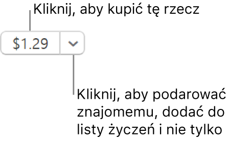 Przycisk z ceną. Wybierz cenę, aby kupić daną rzecz. Wybierz strzałkę obok przycisku z ceną, aby podarować daną rzecz znajomemu, dodać ją do swojej listy życzeń itd.