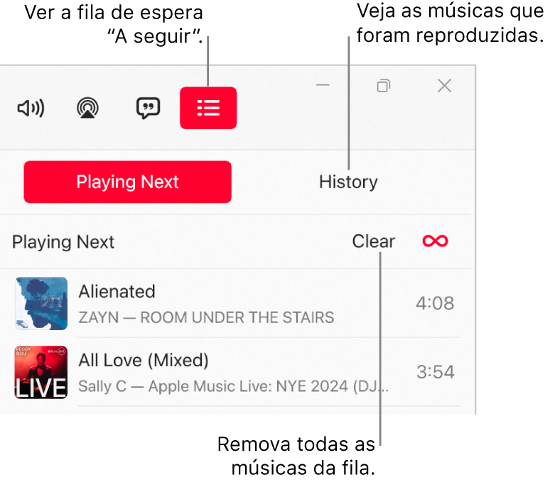 Canto superior direito da janela do Apple Music com o botão A Seguir na parte superior da fila A Seguir. O botão Histórico está à direita do botão A Seguir. Selecione o botão Histórico para ver as músicas reproduzidas anteriormente. O link Limpar está abaixo do botão Histórico. Selecione o link Limpar para remover todas as músicas da fila.