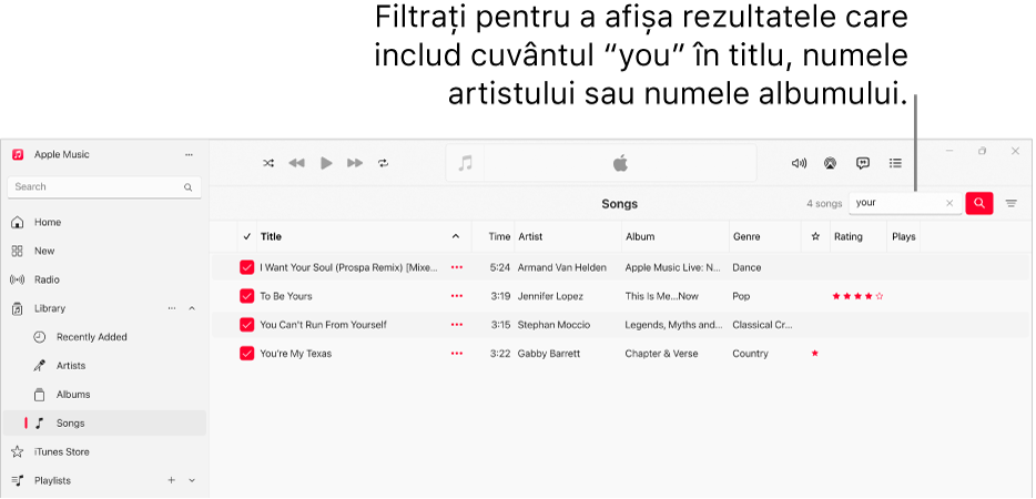 Fereastra Apple Music afișând lista de melodii care apar când “love” este introdus în câmpul de filtrare din colțul din dreapta sus. Melodiile din listă includ cuvântul “love” în titlu, în numele artistului sau al albumului.