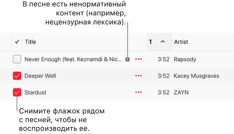 Фрагмент списка песен в приложении Apple Music. Показаны ячейки для установки флажков. Для первой песни отображается значок ненормативного контента, который указывает на наличие такого контента в песне (например, в ее тексте). Снимите флажок рядом с песней, чтобы предотвратить ее воспроизведение.