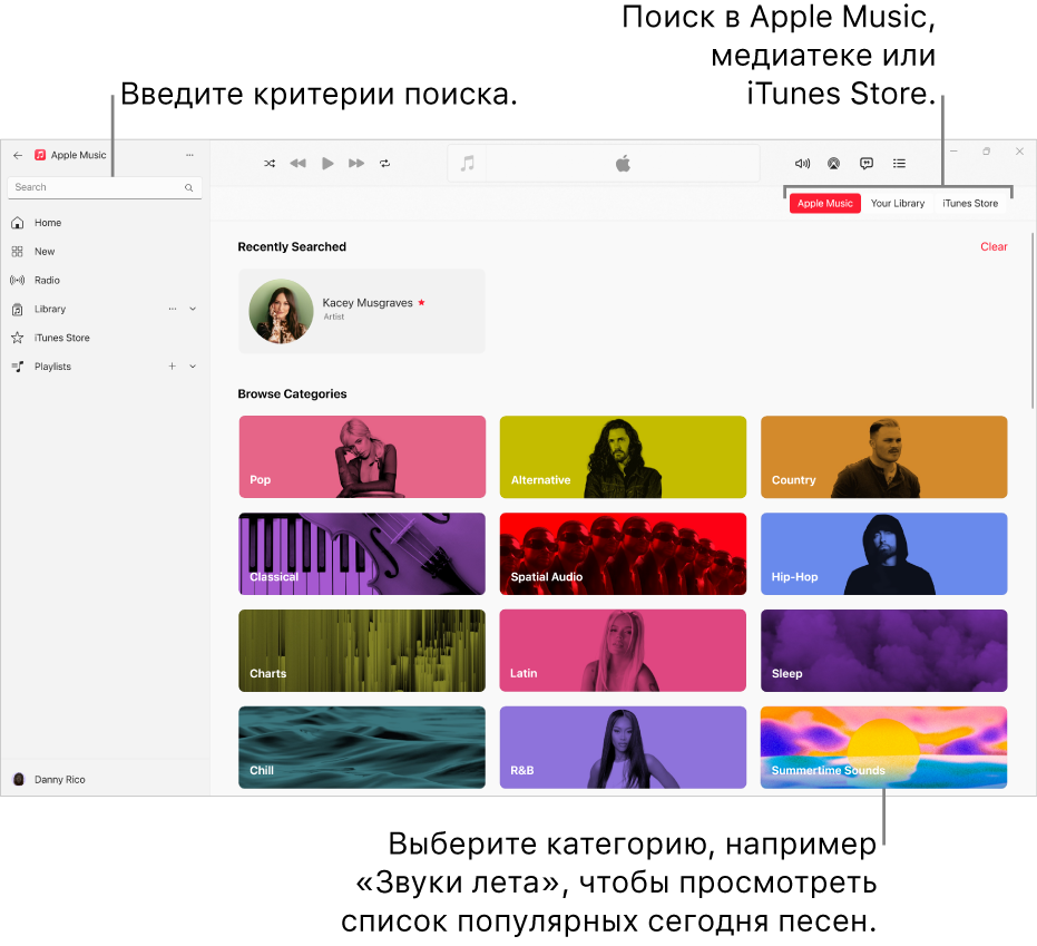 В левом верхнем углу окна Apple Music показано поле поиска, в центре окна показан список категорий поиска, а в правом верхнем углу доступны кнопки «Apple Music», «Ваша медиатека» и «iTunes Store».