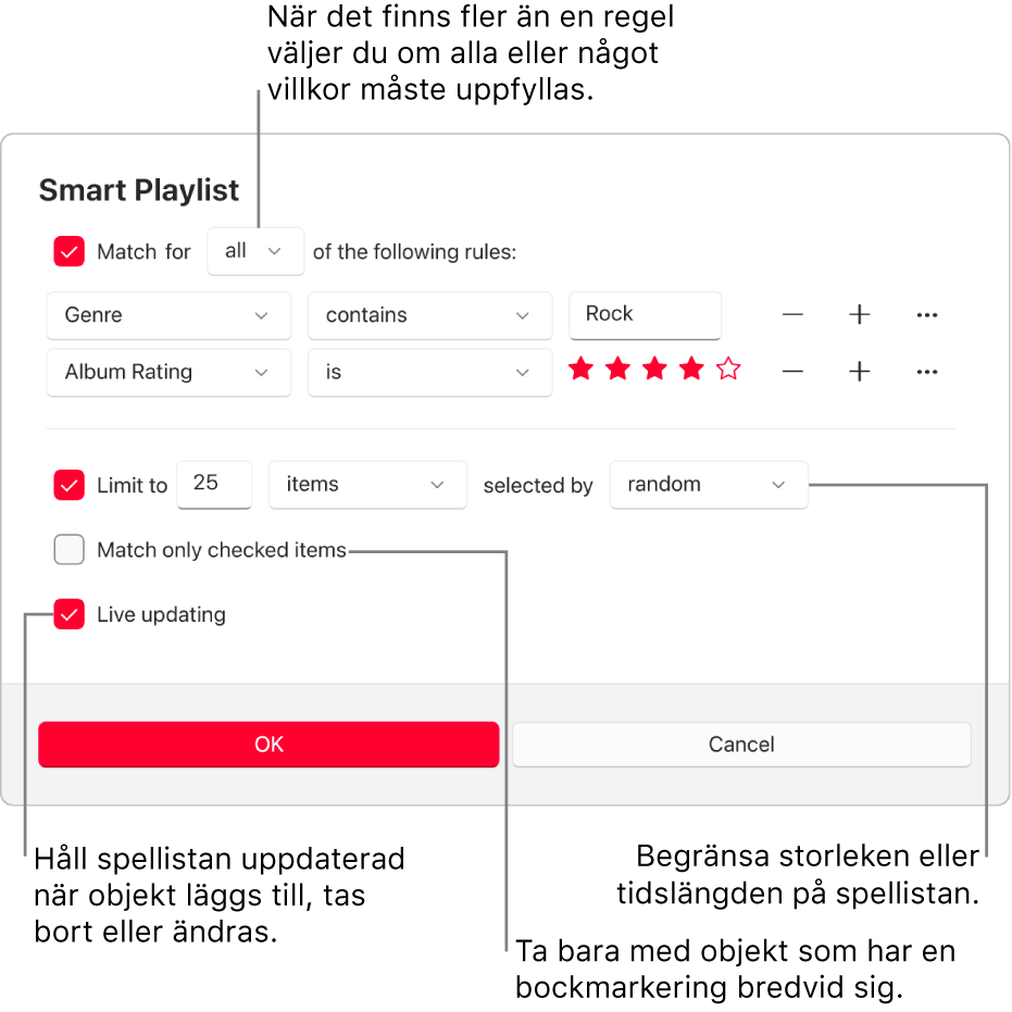 Dialogrutan Smart spellista: Markera Matcha i det övre vänstra hörnet. Ange sedan villkor för spellistan (till exempel genre eller betyg). Fortsätt att lägga till eller ta bort regler genom att välja lägg till- eller ta bort-knappen till höger. Du kan välja olika alternativ i den nedre delen av dialogrutan. Du kan till exempel begränsa storleken eller tidslängden på spellistan, välja att endast låtar som har kontrollerats ska tas med eller låta Apple Music-appen uppdatera spellistan allteftersom objekt i biblioteket ändras.