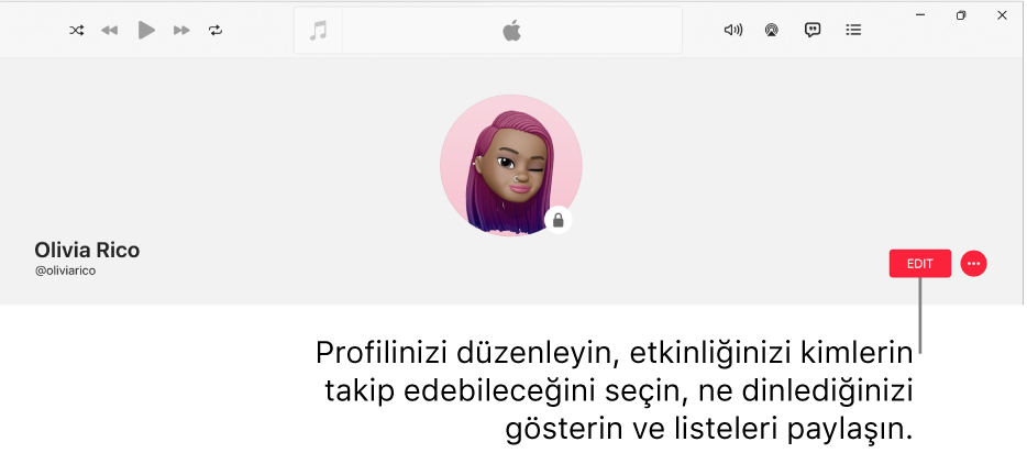 Apple Music’te profil sayfası: Pencerenin sağ tarafında profilinizi düzenlemek, etkinliğinizi kimlerin takip edebileceğini seçmek, ne dinlediğinizi göstermek ve listeleri paylaşmak için seçebileceğiniz Düzenle düğmesi yer alır.