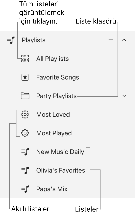 Çeşitli liste türlerini gösteren Apple Music kenar çubuğu. Tümünü görüntülemek için Tüm Listeler’i seçin. Bir liste klasörü de yaratabilirsiniz.