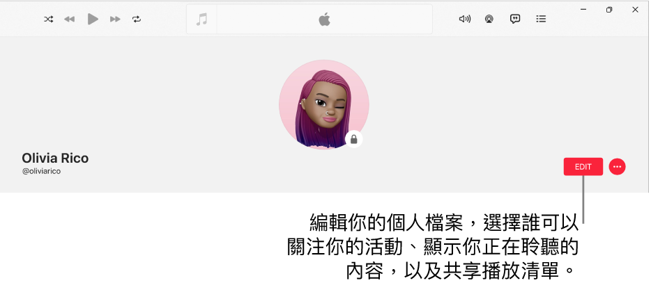 Apple Music 中的個人檔案頁面： 在視窗右側是「編輯」按鈕，你可以選擇它來編輯你的個人檔案、選擇可關注你的活動之對象、顯示你正在聆聽的項目，以及共享播放清單。