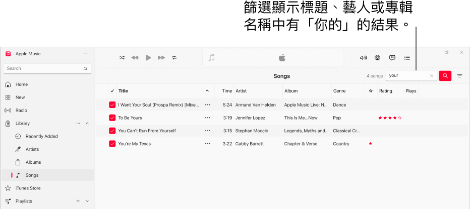 Apple Music 視窗顯示在右上角的篩選器欄位中輸入了「愛情」時出現的歌曲清單。清單中的歌曲包含文字「愛情」在其標題、藝人或專輯名稱中。