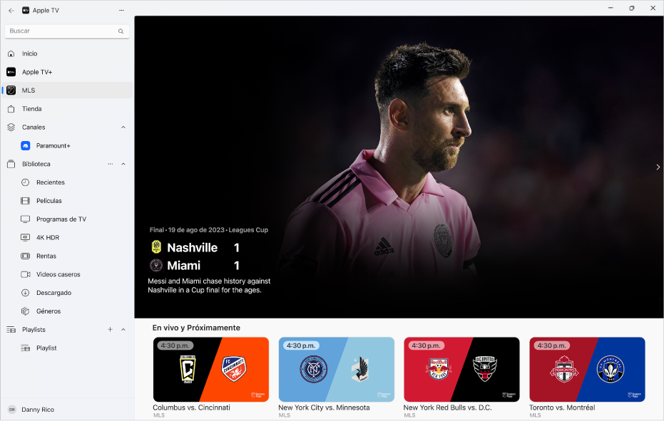 La app Apple TV mostrando la pantalla MLS abierta.