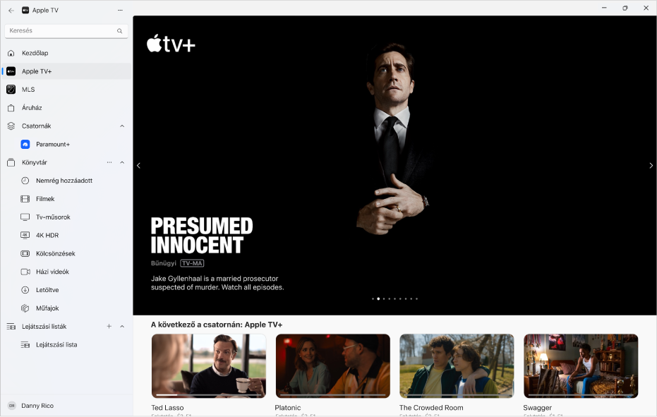 Az Apple TV app, amelyben az Apple TV+ van megnyitva.