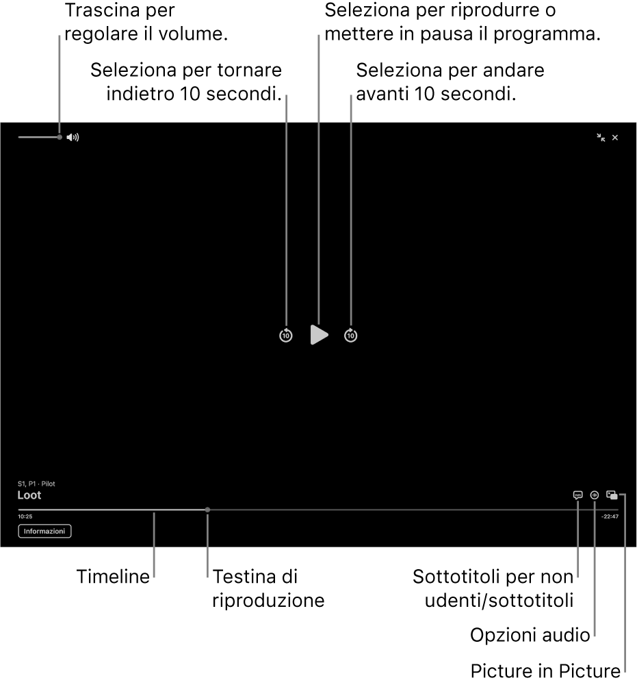 I controlli di riproduzione nel visore, tra cui i pulsanti per avviare la riproduzione e metterla in pausa, per andare avanti e indietro e per regolare il volume.