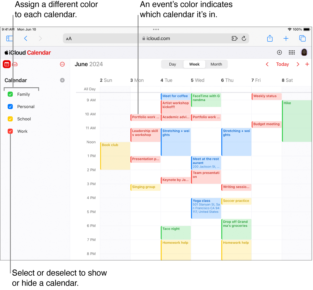 The Calendar window on iCloud.com, with several calendars visible. The calendars are assigned different colors, and an event’s color indicates which calendar it’s in.