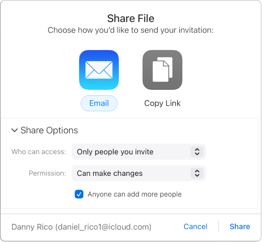 A pop-up window for sharing a file with Share Options visible.