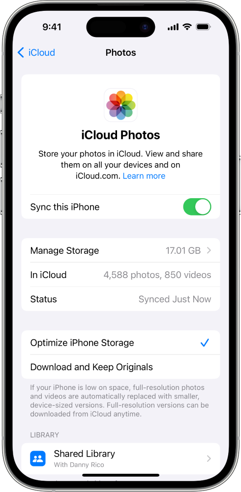 The iCloud Photos screen in iCloud settings. Sync this iPhone is turned on.