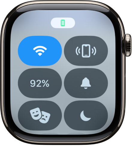 مركز التحكم مع أيقونة الحالة المتصلة في الأعلى والتي توضح أن Apple Watch متصلة بجهاز iPhone.