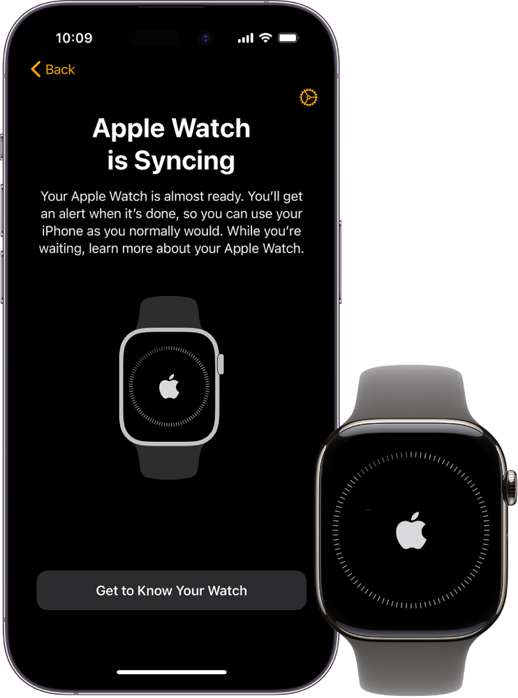 iPhone a Apple Watch se synchronizačními obrazovkami.