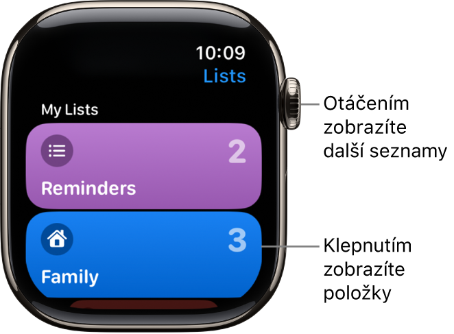 Obrazovka Seznamy v aplikaci Připomínky s tlačítky dvou seznamů – Rodina a Domácnost. Číslice napravo udávají, kolik připomínek jednotlivé seznamy obsahují. Položky v seznamu zobrazíte klepnutím na něj, další seznamy zobrazíte otáčením korunkou Digital Crown.