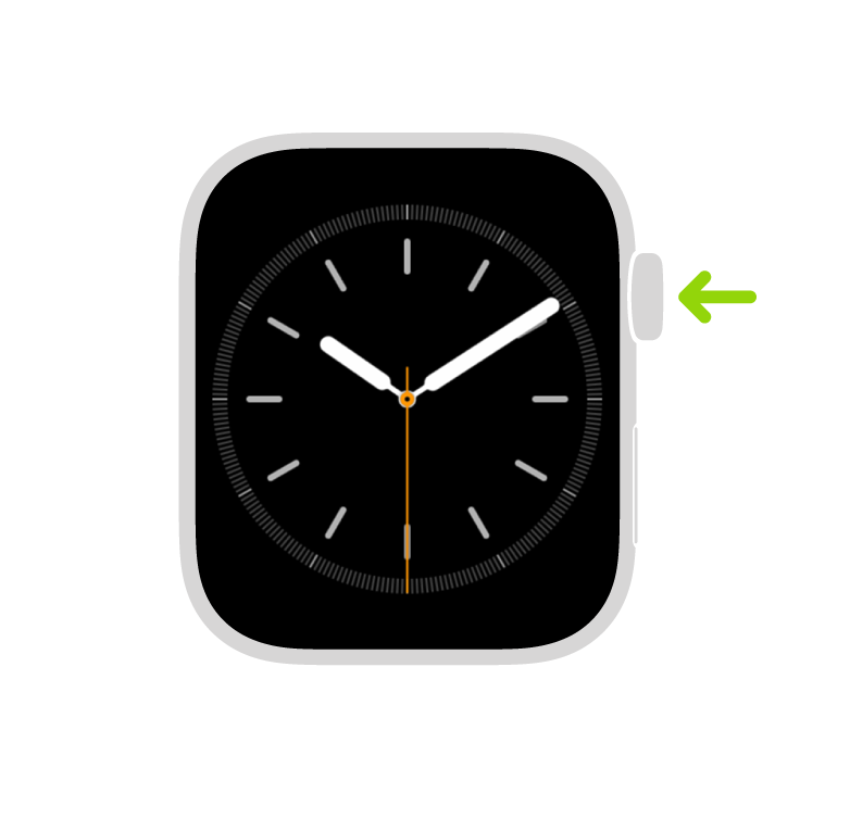 Illustration af Apple Watch med en pil, som peger på Digital Crown øverst til højre.