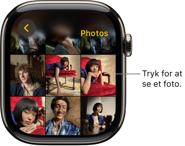 Hovedskærmen i appen Fotos på Apple Watch med flere fotos vist i et net.