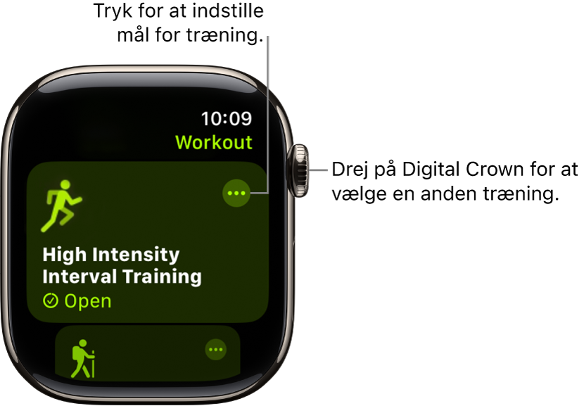 Skærmen Træning, hvor Intervaltræning er markeret. Øverst til højre for træningens navn vises knappen Mere.