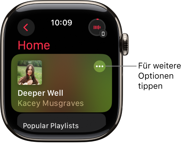 Die App „Musik“ mit dem Home-Bildschirm, auf dem ein Album angezeigt wird. Rechts ist die Taste „Weitere Optionen“. Oben rechts ist die Taste „Jetzt läuft“. Oben links ist die Taste „Zurück“.