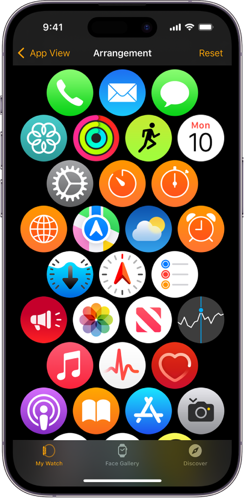 Der Bildschirm „Anordnen“ der Apple Watch-App zeigt ein Raster von Symbolen.