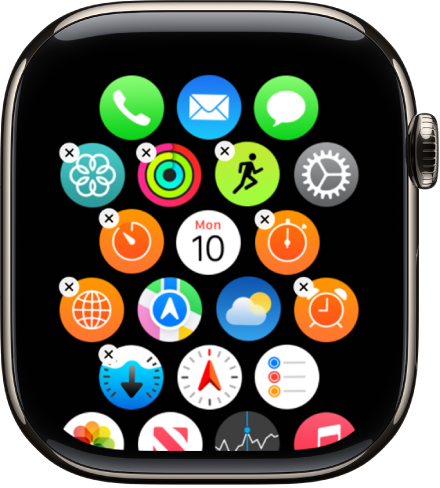 Der Bildschirm „Anordnen“ der Apple Watch-App zeigt ein Raster von Symbolen.