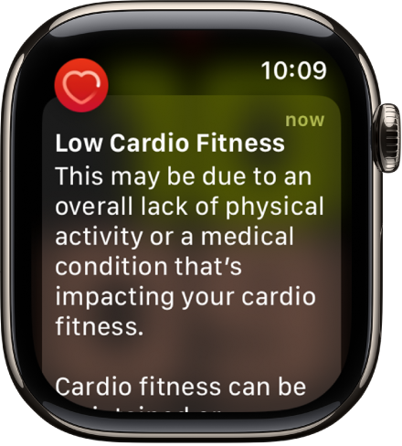 Eine Warnung der App „Herzfrequenz“ über eine niedrige Cardiofitness.