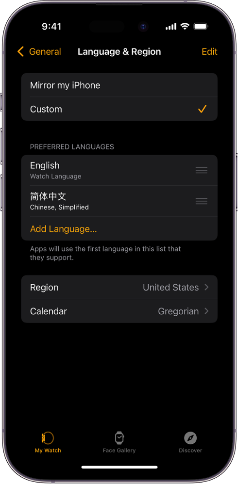 Die Anzeige „Sprache & Region“ in der Apple Watch-App mit „Englisch“ und „Spanisch“ als „Bevorzugte Sprachen“.