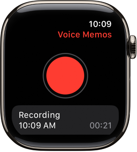 Apple Watch mit der Anzeige „Sprachmemos“. Oben befindet sich eine rote Aufnahmetaste. Darunter ist ein aufgezeichnetes Sprachmemo zu sehen. Die Uhrzeit der Aufnahme und die Länge werden angezeigt.