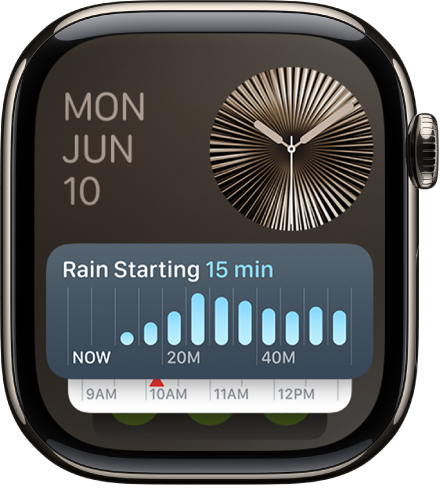 Η Έξυπνη στοίβα στο Apple Watch όπου φαίνεται το widget «Χρονοδιακόπτης» μπροστά και δύο widget από πίσω.