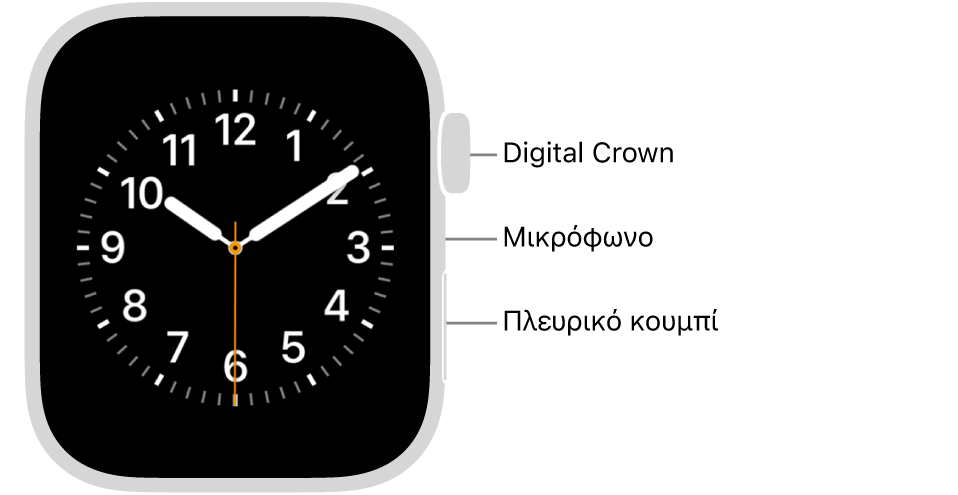 Η πρόσοψη του Apple Watch Series 6, με την πρόσοψη ρολογιού ορατή στην οθόνη και το Digital Crown, το μικρόφωνο και το πλευρικό κουμπί από πάνω προς τα κάτω στο πλάι του ρολογιού.