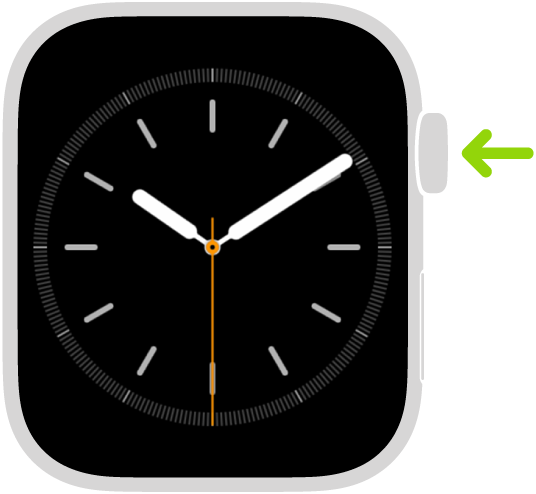 An illustration of Apple Watch with an arrow pointing to the Digital Crown at upper right.