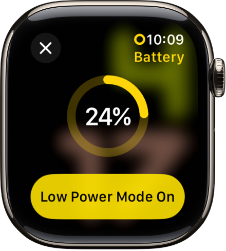 The Low Power Mode screen with a partial yellow ring indicating the remaining charge. The Low Power Mode On button is at the bottom.