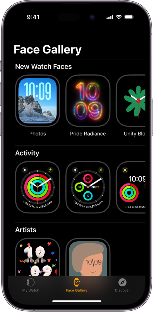 Apple Watch app open to the Face Gallery. The top row shows faces that are new, the next rows show watch faces grouped by type—Activity and Artists, for example. You can scroll to see more faces grouped by type.