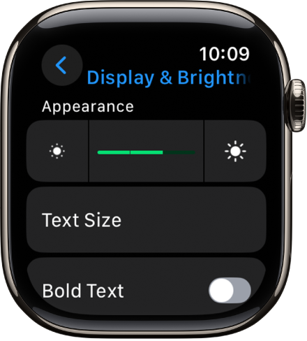 Display & Brightness settings on Apple Watch, with the Brightness slider at the top, and the Text Size button below.