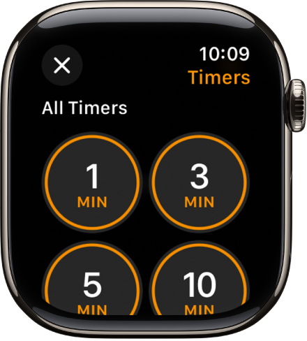 The Timer app screen, showing the add button to create a new timer, and quick timers for 1, 3, 5, or 10 minutes.