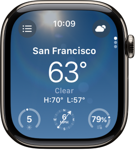 The Weather app showing an overview of the day’s weather. The location’s name appears with the current temperature below. Three buttons are at the bottom—UV Index, Wind Speed, and Precipitation. The Location List button is at the top left and the Conditions button is at the top right.