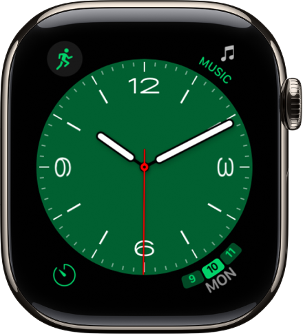 The Metropolitan watch face, where you can turn the Digital Crown to change the look of the type. It shows four complications—Workout at the top left, Music at the top right, Timer at the bottom left, and the date at the bottom right.