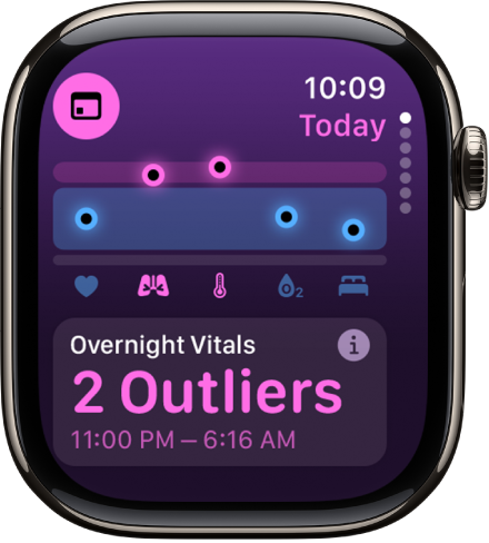 A screen in the Vitals app showing 2 outliers in the overnight metrics.