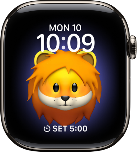 The Memoji watch face, where you can adjust the Memoji character and a bottom complication. Tap the display to animate the Memoji. The date and time are at the top and the Timer complication is at the bottom.