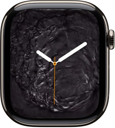 The Liquid Metal watch face showing an analog clock in the middle and liquid metal around it.