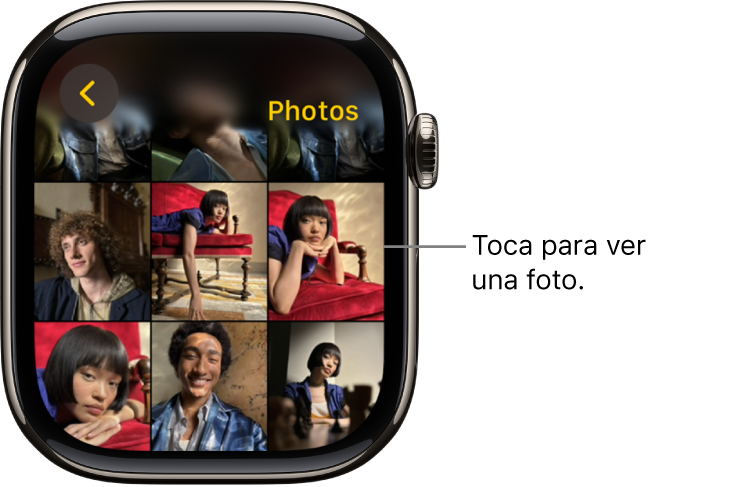 La pantalla principal de la app Fotos en el Apple Watch con varias fotos en una cuadrícula.