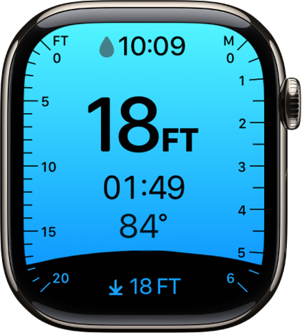 En el Apple Watch Series 10, la app Profundidad muestra la profundidad actual, el tiempo bajo el agua, la temperatura del agua y la profundidad máxima de la inmersión. Los marcadores de la izquierda indican la profundidad en pies de 0 a 20. Los marcadores de la derecha indican la profundidad en metros de 0 a 6.