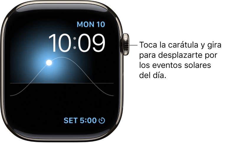 La carátula Gráfica solar, que muestra el día, la fecha y la hora actuales (y que no puedes modificar). Aparece la complicación Temporizador en la parte inferior derecha. Toca la carátula y gira la Digital Crown para mover el sol en el cielo a las posiciones de anochecer, amanecer, cenit, atardecer u oscuridad.