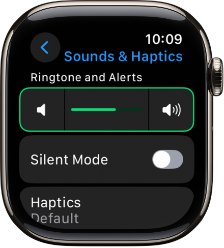 La configuración de Sonidos y vibración en el Apple Watch, con el regulador Volumen de alerta en la parte superior y el botón del modo Silencio debajo de él.