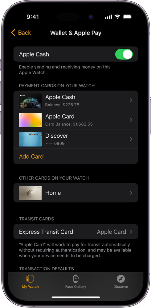 Una pantalla del iPhone que muestra los ajustes de “Cartera y Apple Pay” en la app Apple Watch.