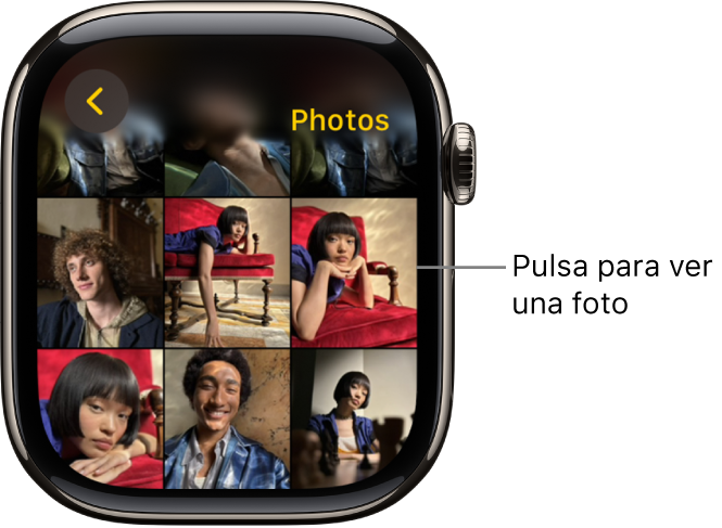 La pantalla principal de la app Fotos del Apple Watch, con varias fotos colocadas en una cuadrícula.